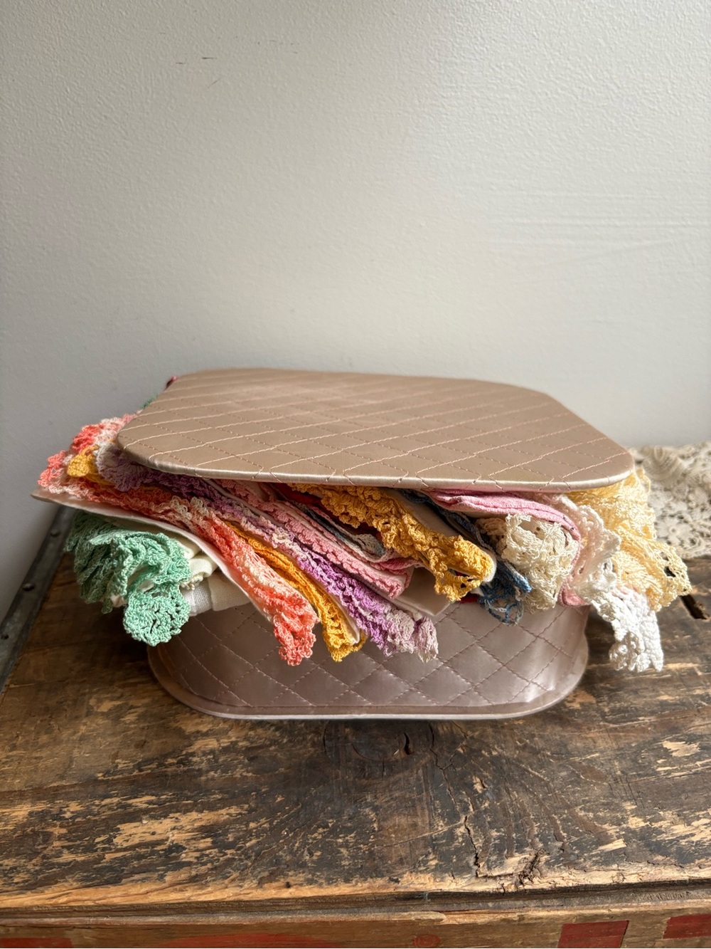 Vintage Taupe Quilted Box filled with Crochet doilies and handkerchiefs lot